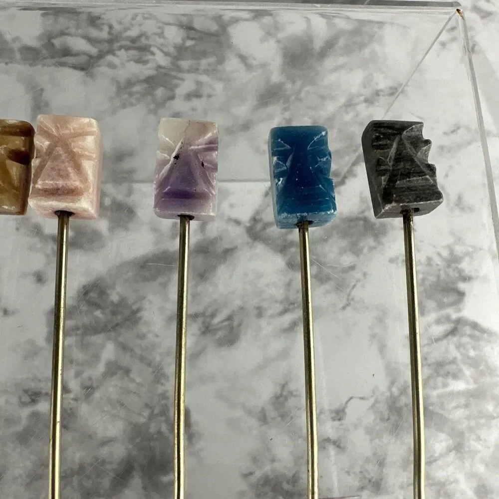 Vintage Tiki Easter Island Cocktail Appetizer Forks Skewer Carved Stone Set 12